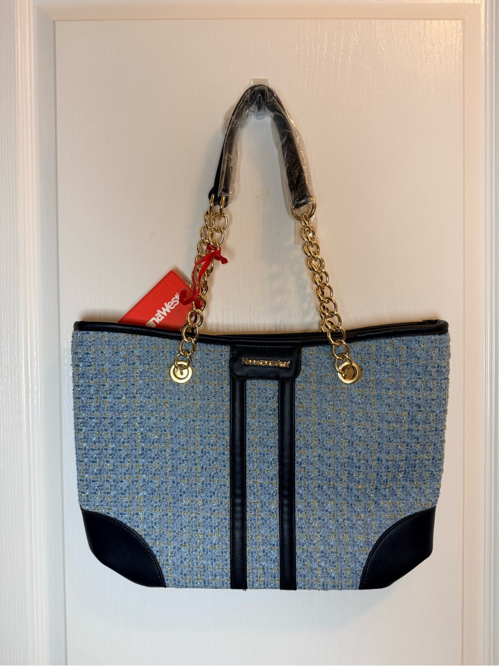 Montana West Blue Tweed Shoulder Bag with Black Trim and Gold Chains